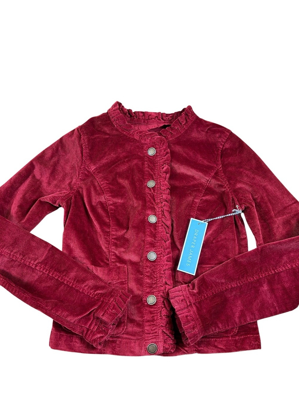 DRAPER JAMES NWT Dark Red Corduroy Ruffle Jacket XS Cottage Holiday Romantic NEW